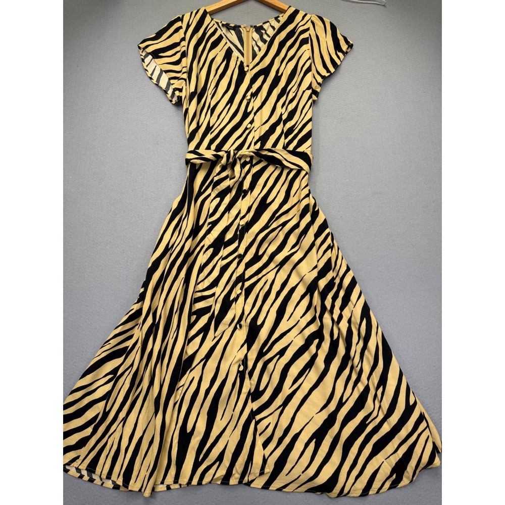 Talbots Zebra Print Fit & Flare Midi Dress Tan Black Viscose Belted Size 12 NEW‎